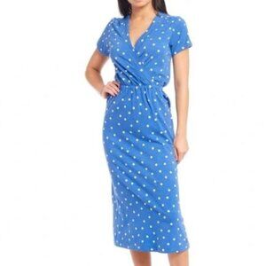 Joules Polka Dot Midi Dress Short Sleeves Faux Wrap Coastal Preppy Blue Medium 8